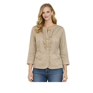 Talbots Sz 6 Khaki Ruffle Jacket 3/4 Sleeve Stretch Neutral Preppy Academia EUC